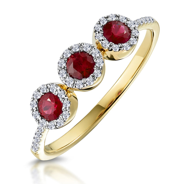 Ruby and Lab Diamond Halo Trilogy Ring 9K Gold - Asteria Collection